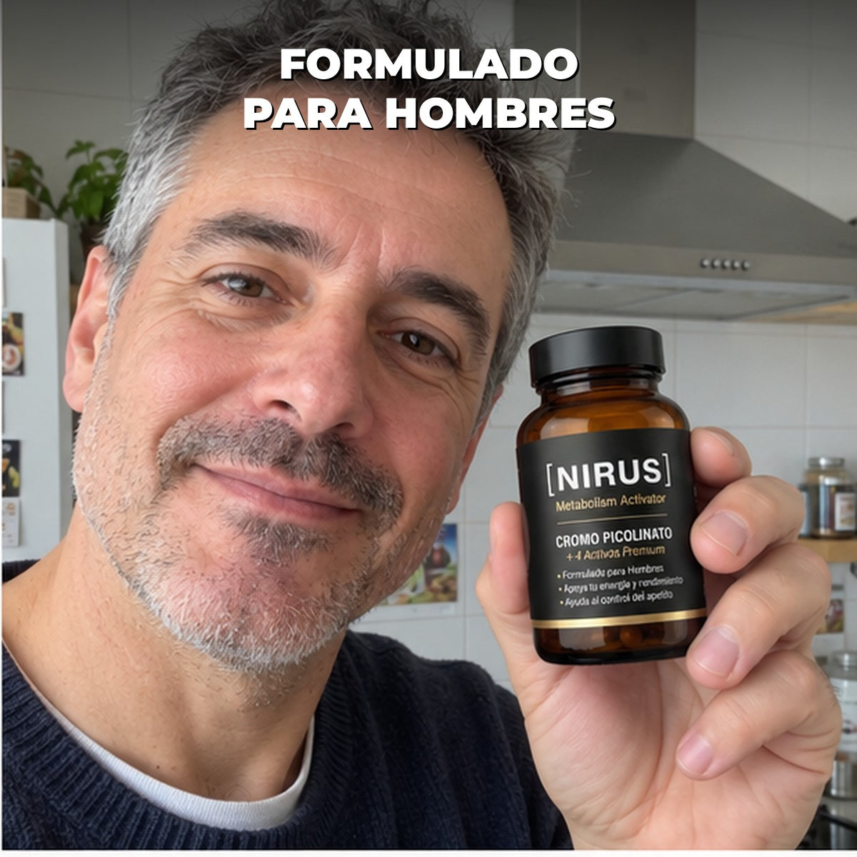 Hombre con el bote de NIRUS en la cocina