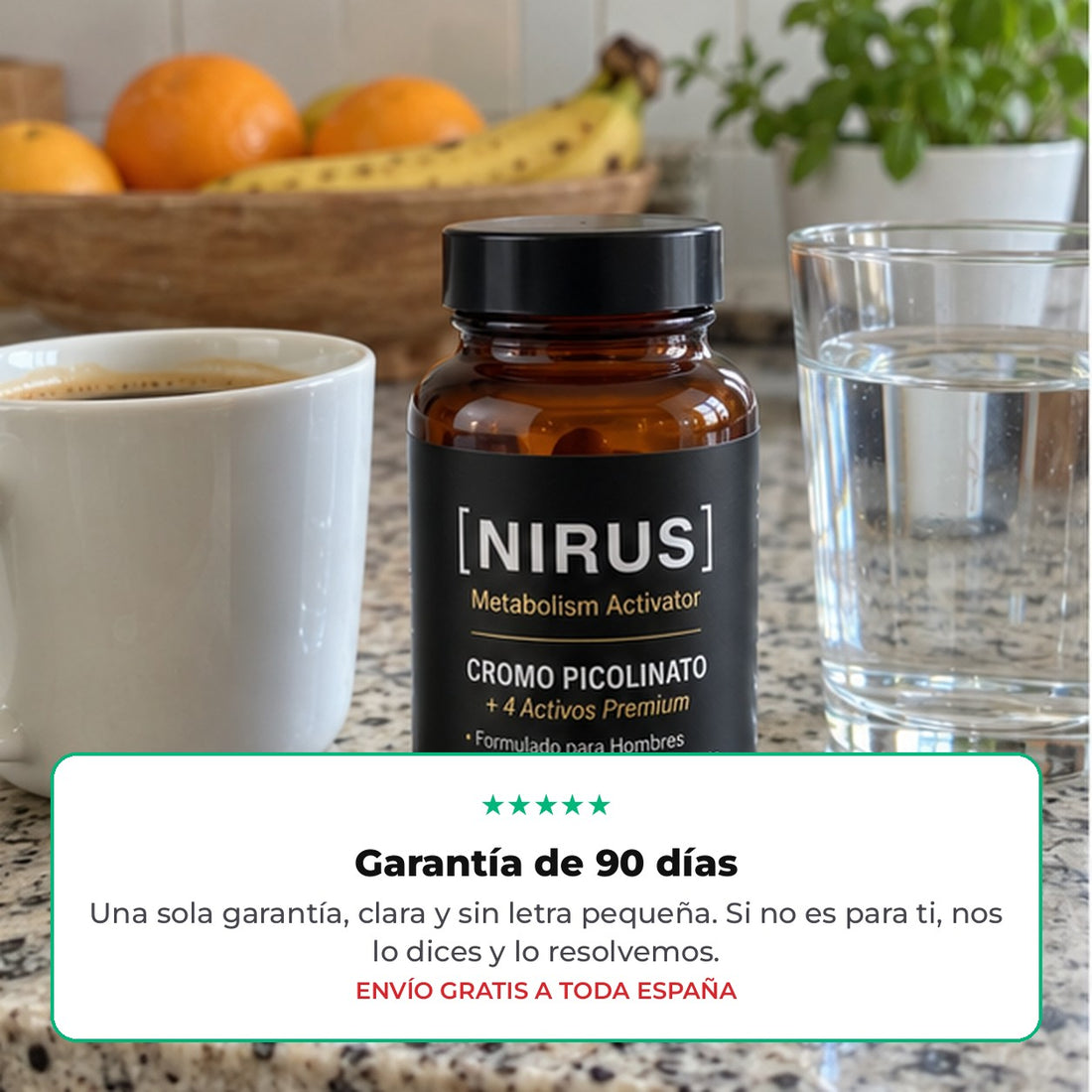 NIRUS con el café del desayuno · garantía de 90 días