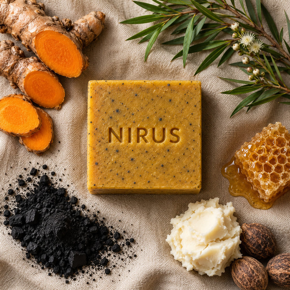 Turmeric, tea tree, charcoal, shea butter and honey